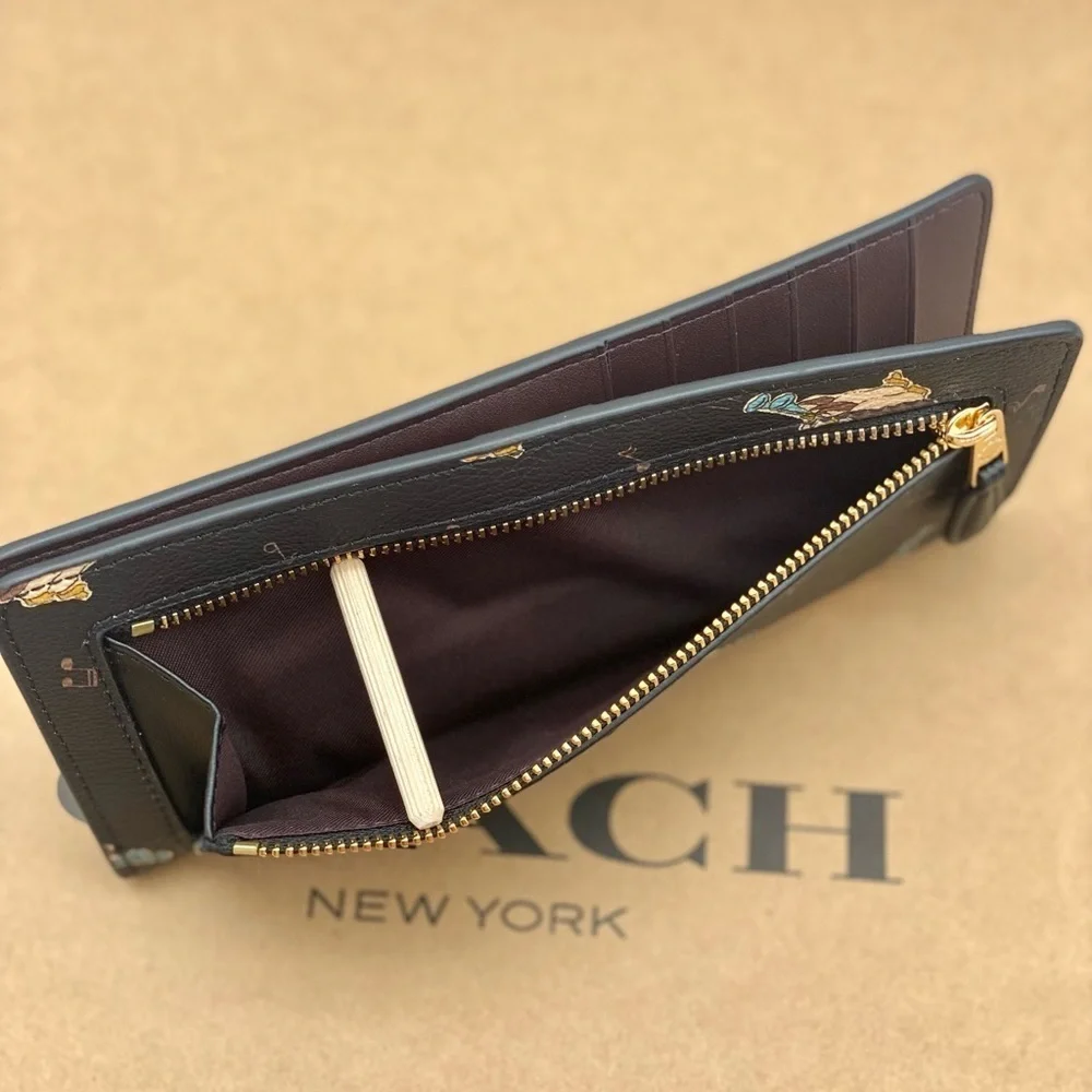 Coach Slim Zip Wallet With Penguin Print Gold/Black Multi